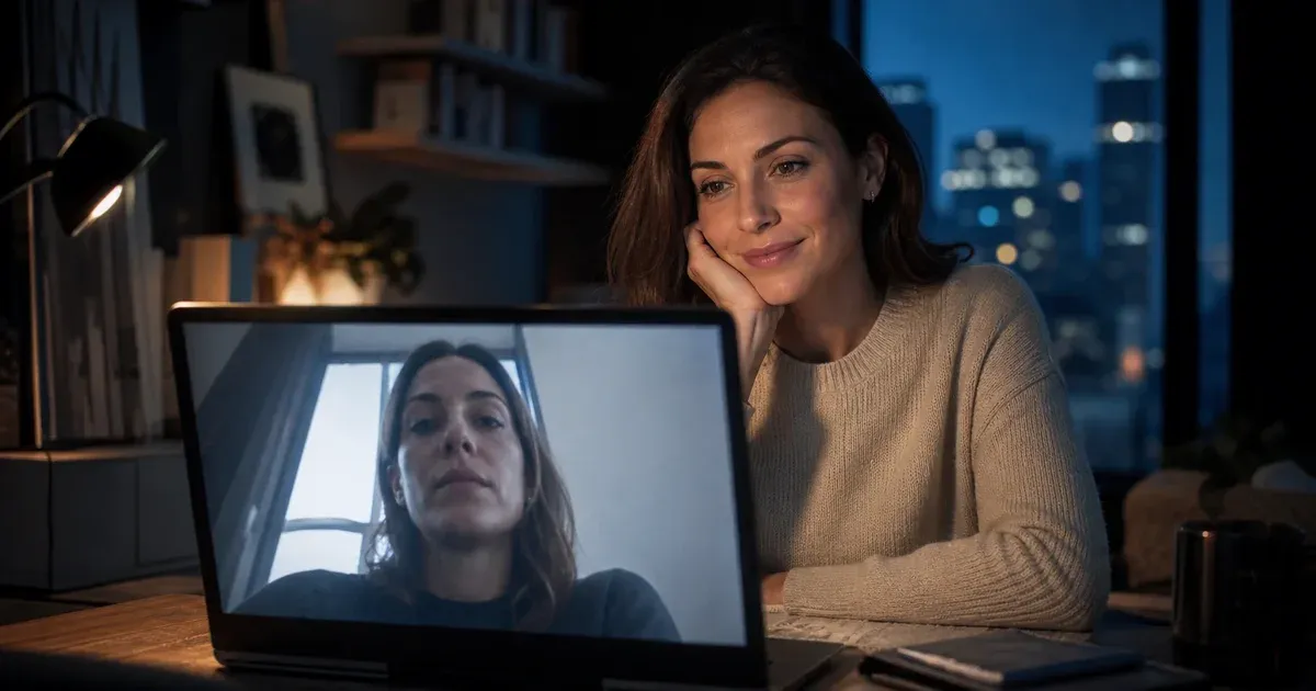 A woman beside a laptop whose webcam preview shows her from an unflattering low angle