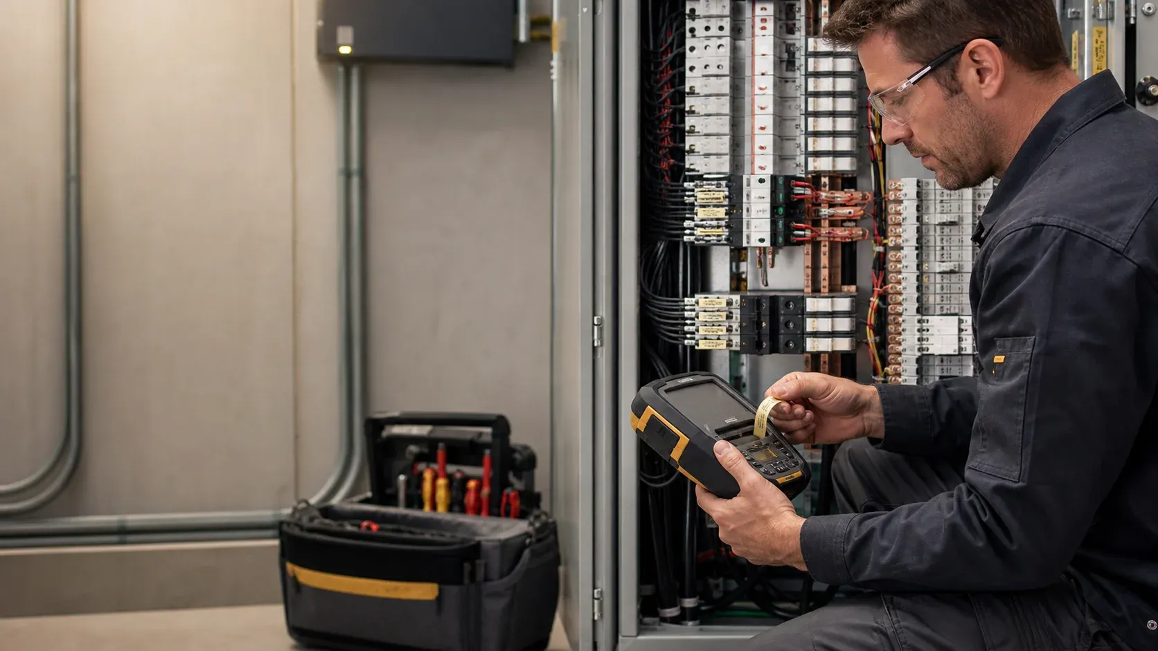 An electrician using a portable industrial label printer beside an organized electrical control panel