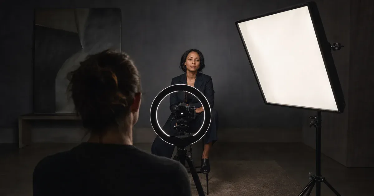 A ring light aligned around a camera while a rectangular key light sits off-axis in a portrait studio
