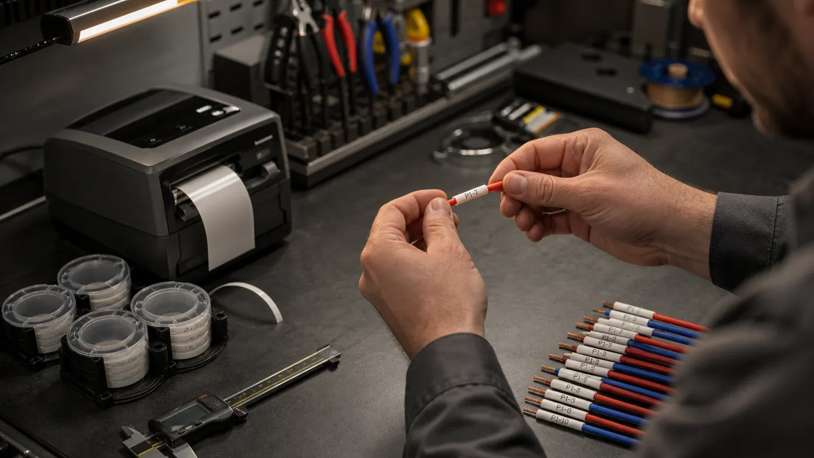 A technician sliding a printable heat-shrink marker onto an unterminated control wire