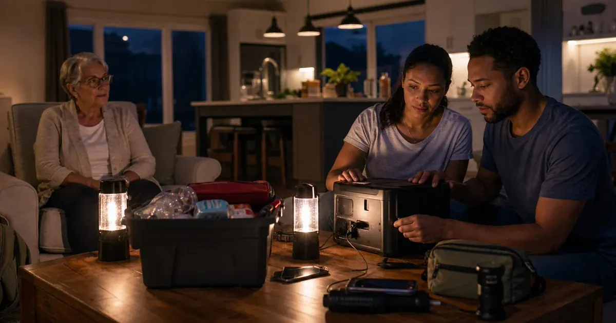 A person using a portable battery power station and LED lantern during an evening home blackout