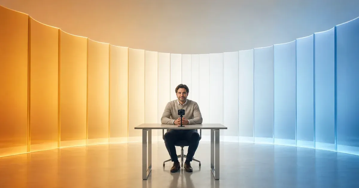 A video caller centered between architectural light panels transitioning from amber through neutral white to blue