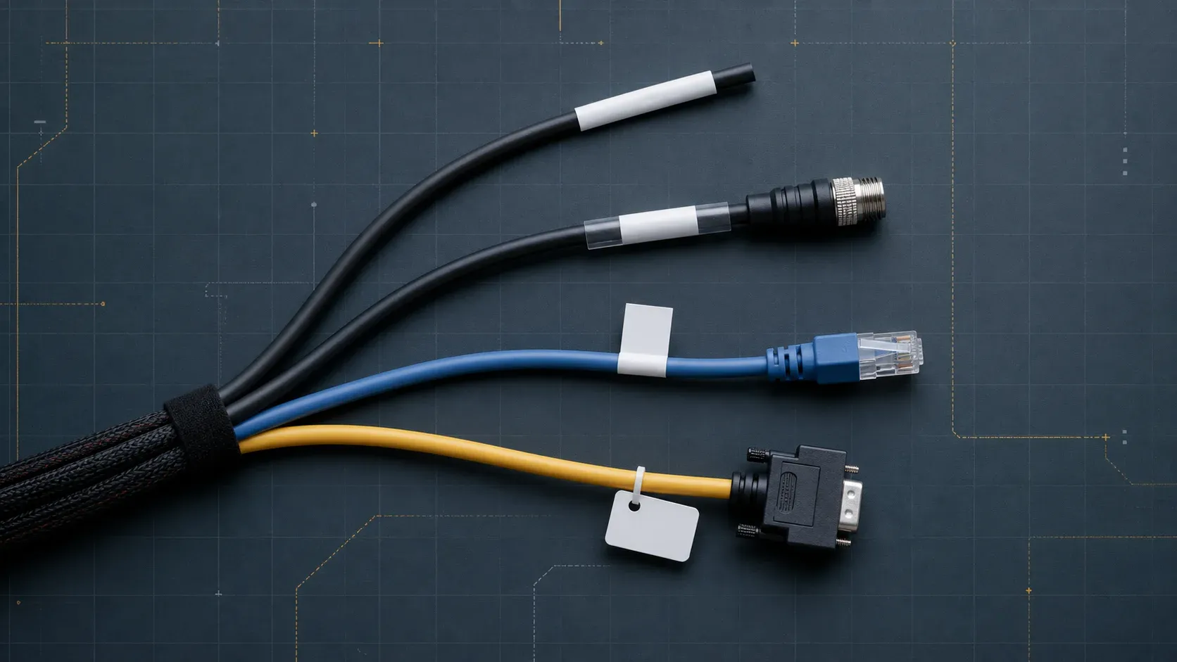Four cables branching across a technical grid, each fitted with a different cable-label format
