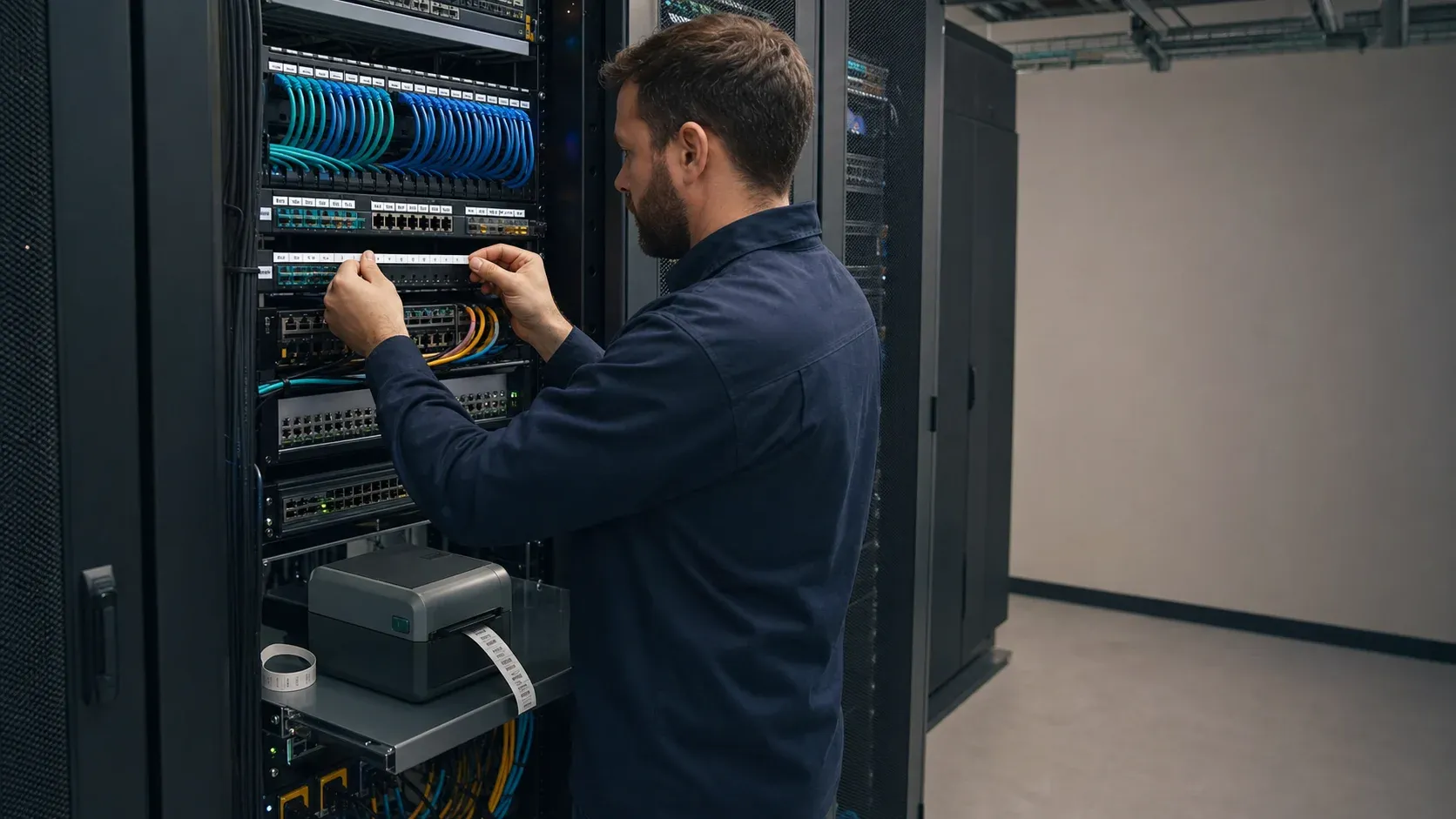 A network installer aligning a label strip above a neatly organized patch panel