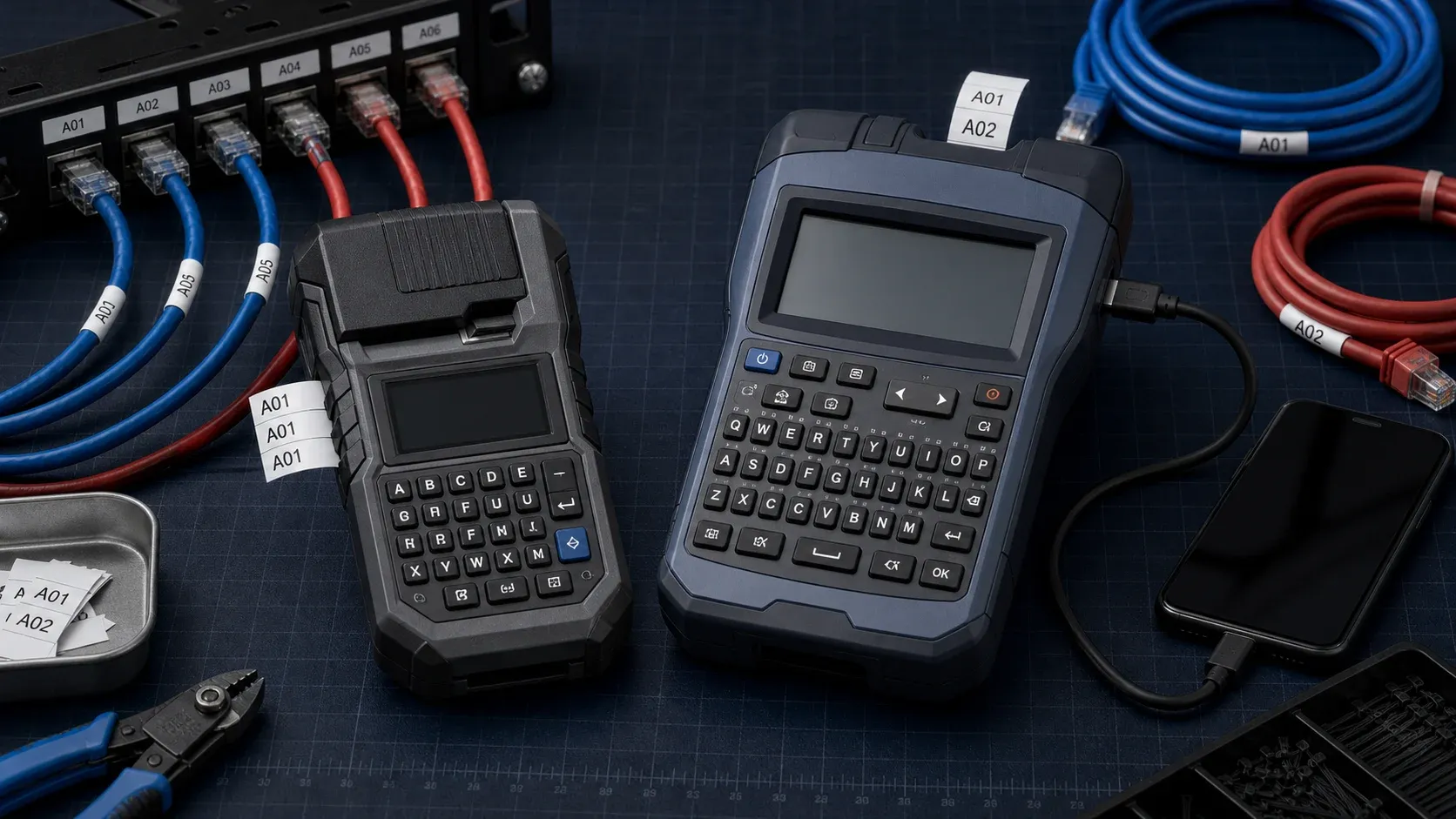Two contrasting industrial handheld label printers on a service bench with labeled network cables