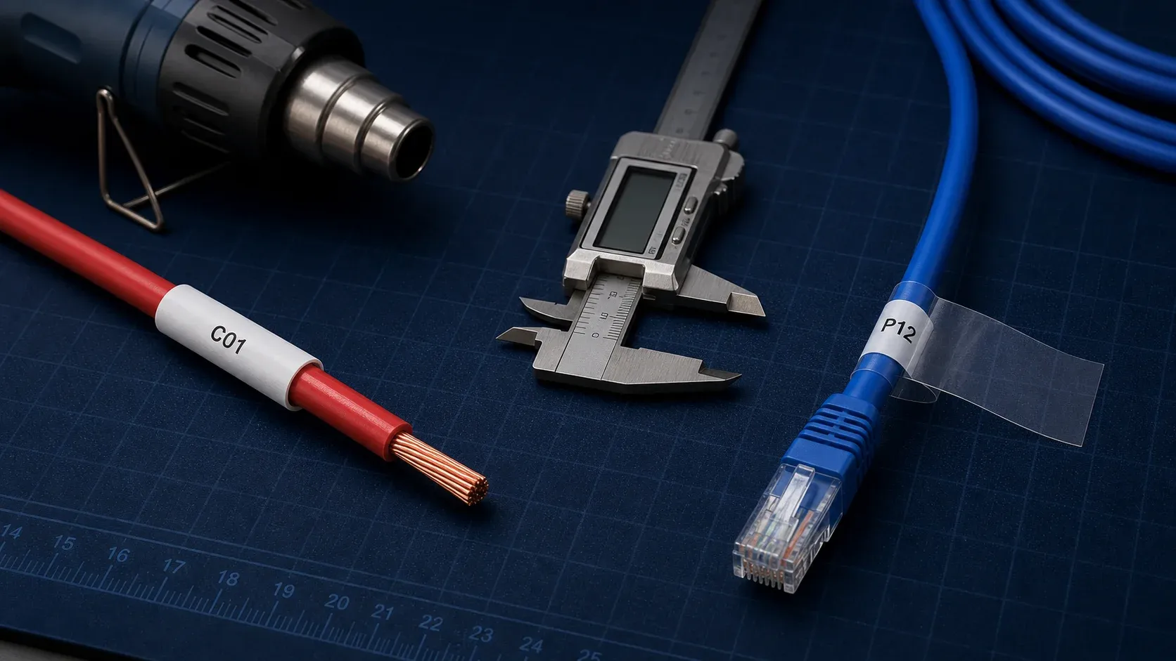 A printable heat-shrink sleeve on an unterminated conductor beside a self-laminating wrap on a terminated patch cable