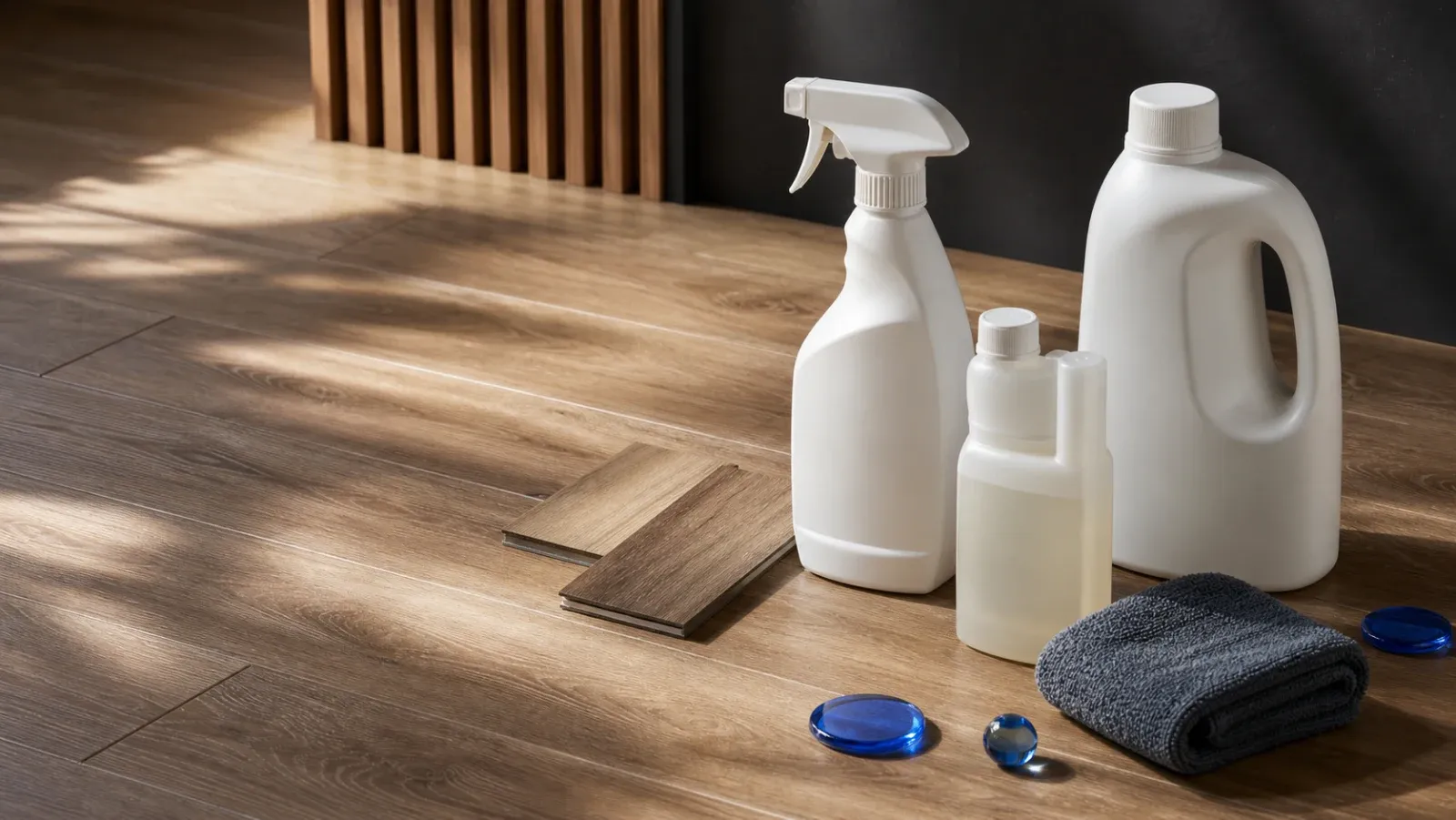 A premium still life of unbranded spray, concentrate, and refill cleaners with LVP samples and blue glass accents