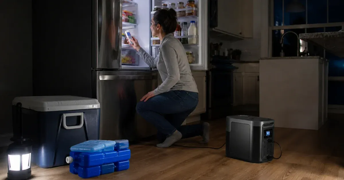 Refrigerator connected to a portable power station during a blackout while a person checks an appliance thermometer