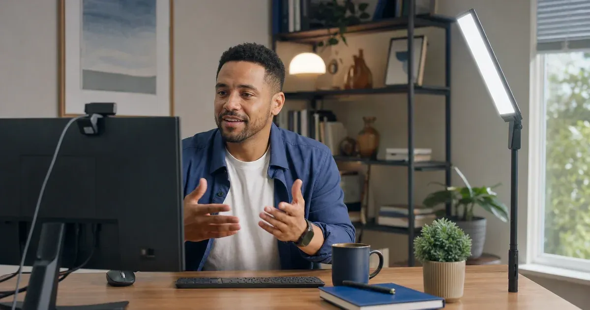 A professional on a video call with a rectangular key light positioned off to one side of the monitor