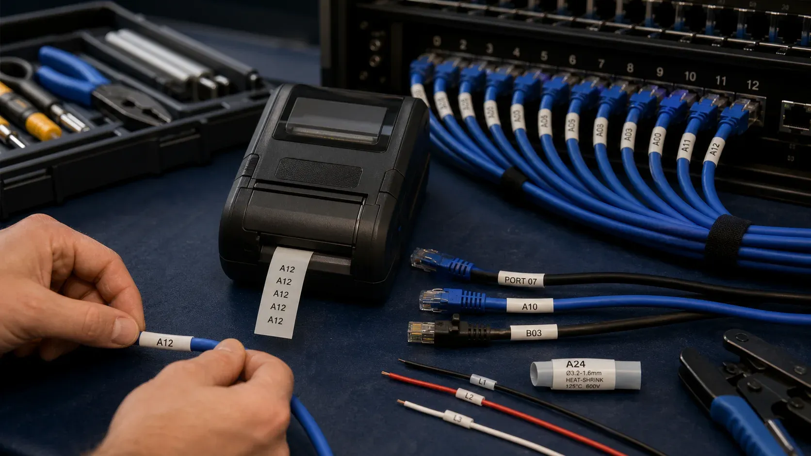 A professional cable-labeling bench with an unbranded label printer, labeled network cables, wires, and a patch panel