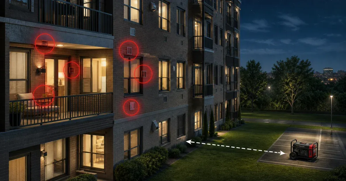 Apartment building showing many windows and vents near balconies, with a portable generator positioned far away at ground level