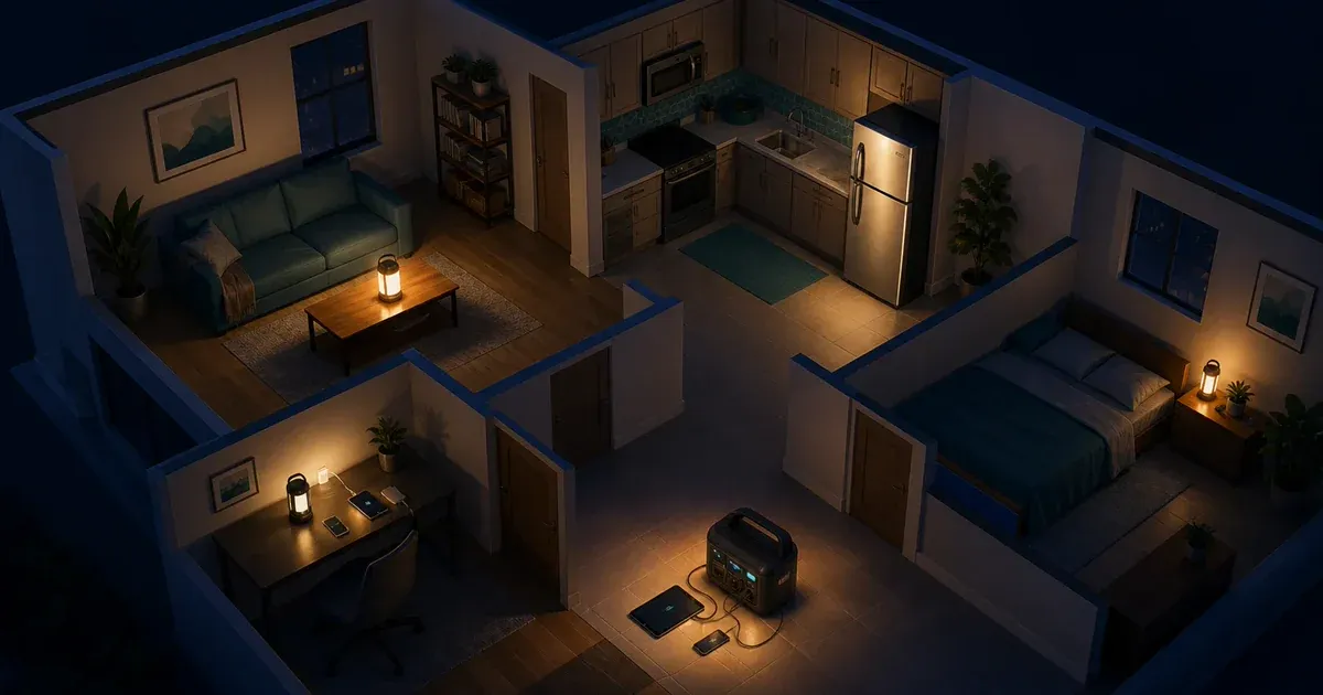 Home divided into blackout planning zones for communication, food, lighting, medical needs, and temperature safety