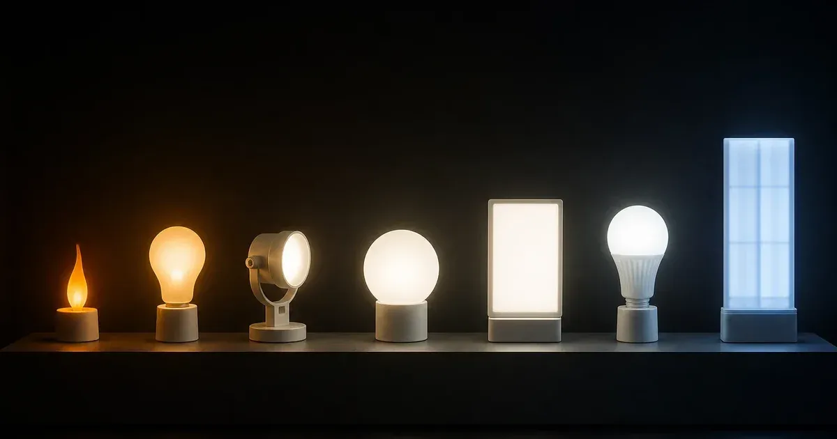 Seven luminous forms progressing from orange candlelight through warm household bulbs and neutral panels to cool blue shade