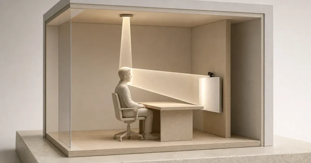 Architectural room model with a narrow beam descending from the ceiling and a broad front beam reaching a seated figure's face