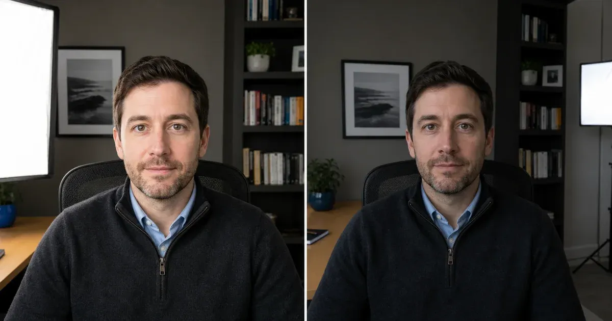 Two views of the same person with a panel light close to the face and much farther across the room