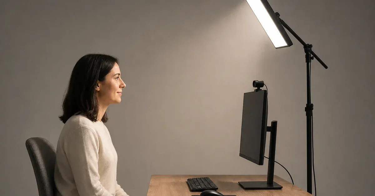 Side view of a seated caller with the webcam at eye level and a panel light raised above it and tilted downward
