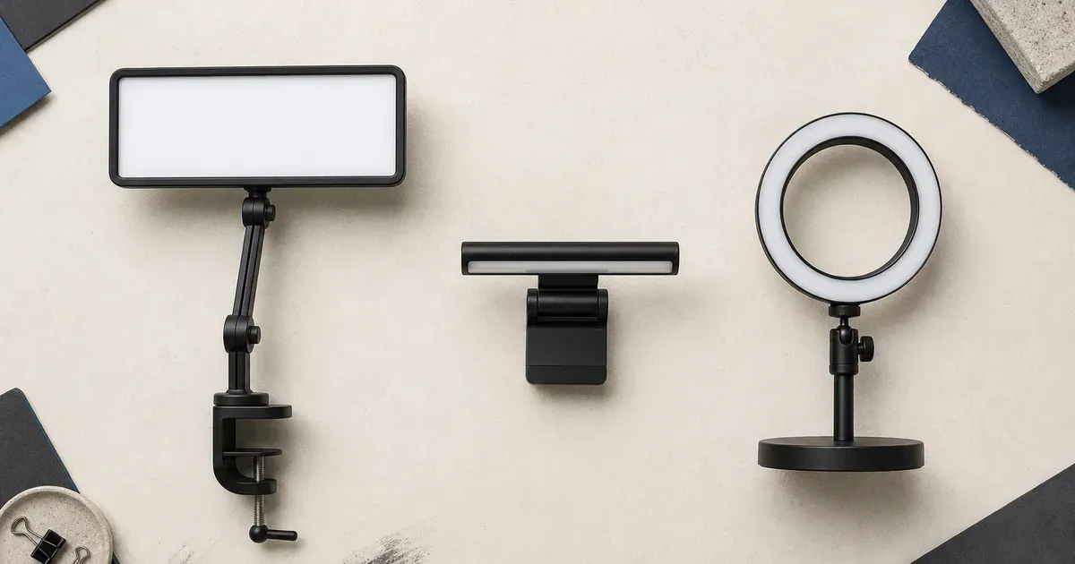 An overhead comparison of a rectangular panel light, a compact monitor light, and a ring light