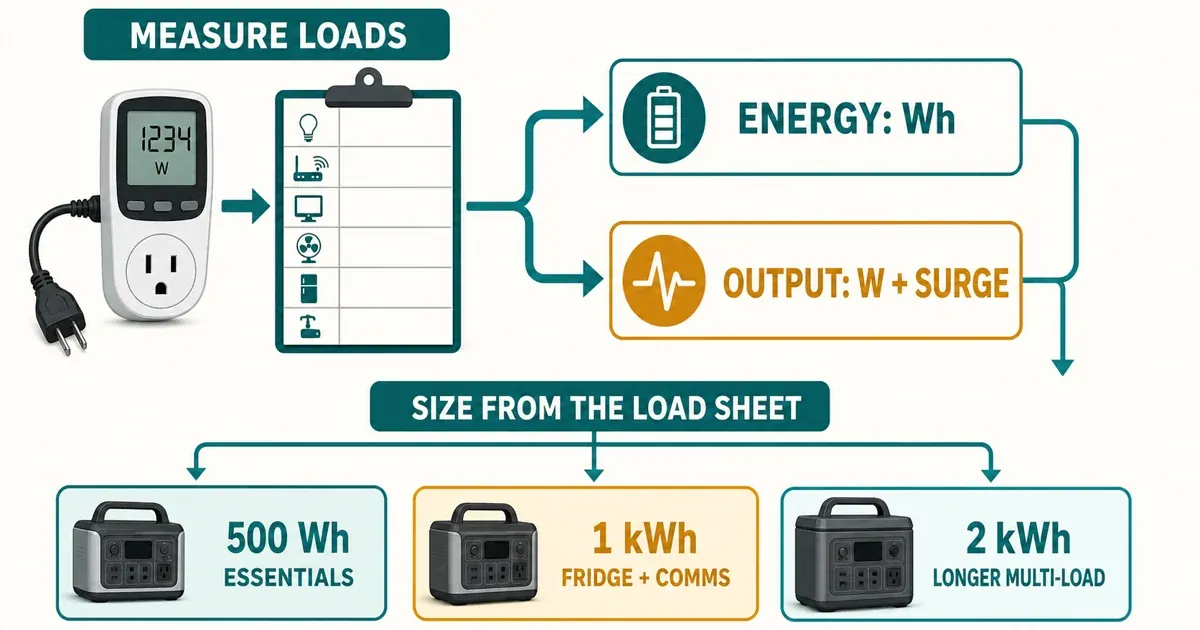 Load sheet flowing into separate watt-hour and output checks, then 500Wh, 1kWh, and 2kWh power-station classes