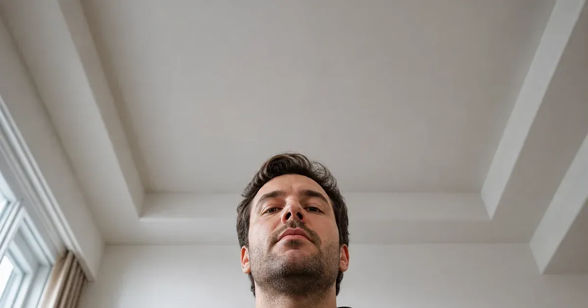 Low laptop-webcam view looking upward at a person with excessive ceiling visible above them