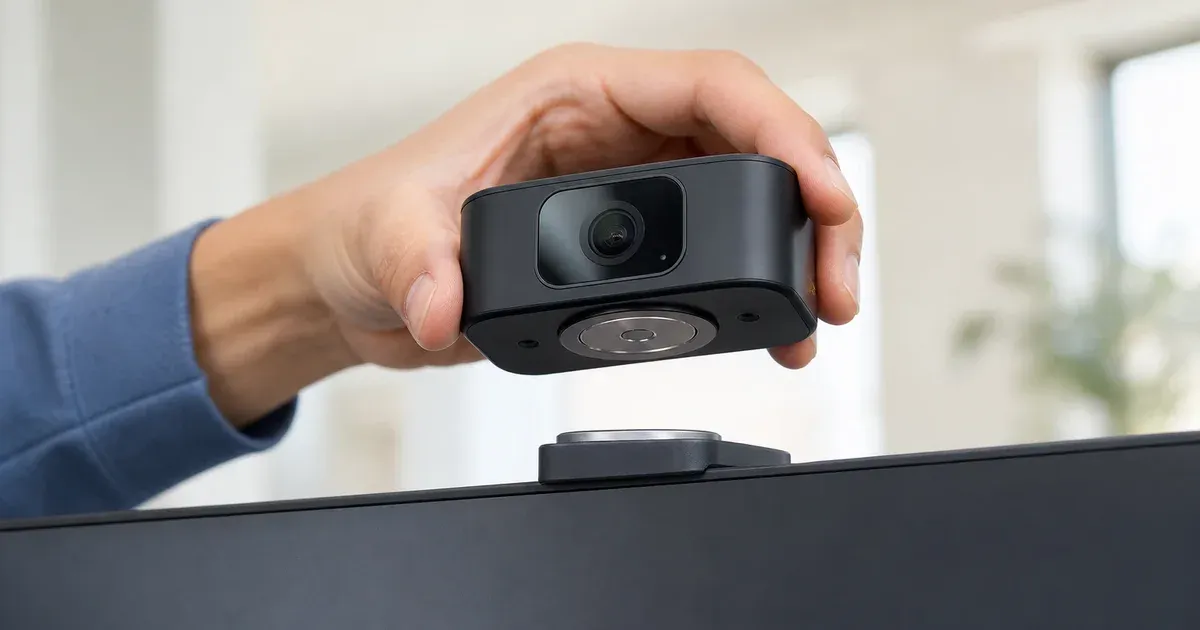 A hand lifting a webcam from a circular magnetic mounting pad that remains on top of a monitor