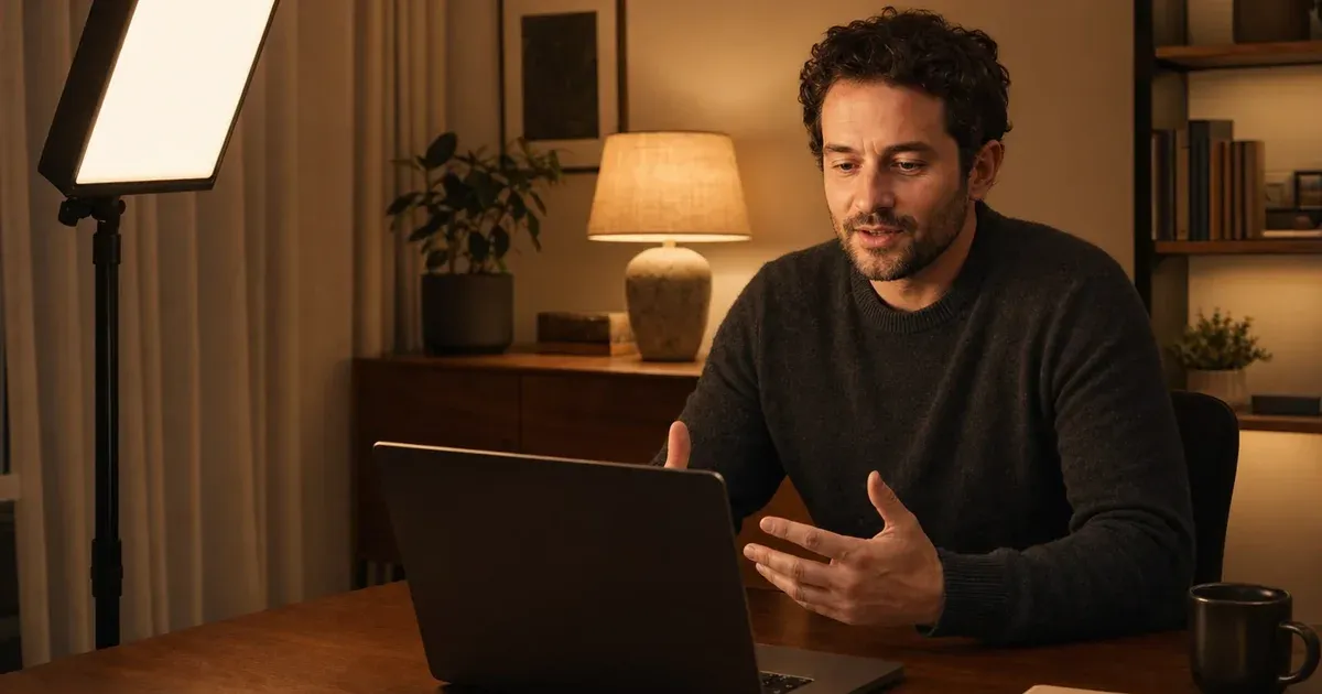 A video caller naturally lit by a warm key light that matches the warm lamp behind him