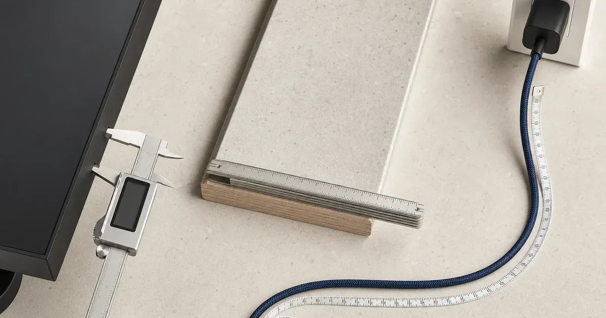 Calipers measuring a monitor bezel, a folding ruler measuring desk depth, and a flexible tape following a power cable to an outlet