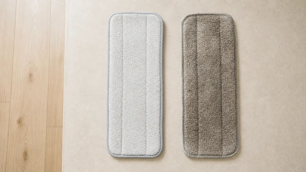 A clean microfiber mop pad beside a visibly soiled pad