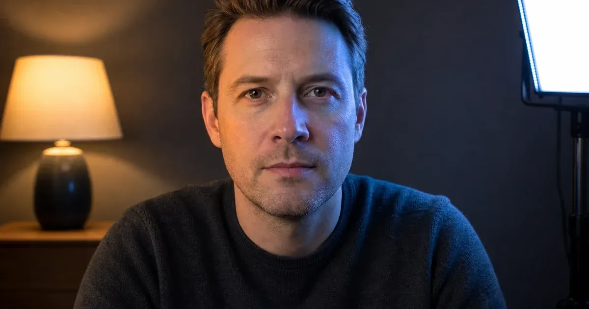 A face lit orange by a warm table lamp on one side and blue by a daylight panel on the other