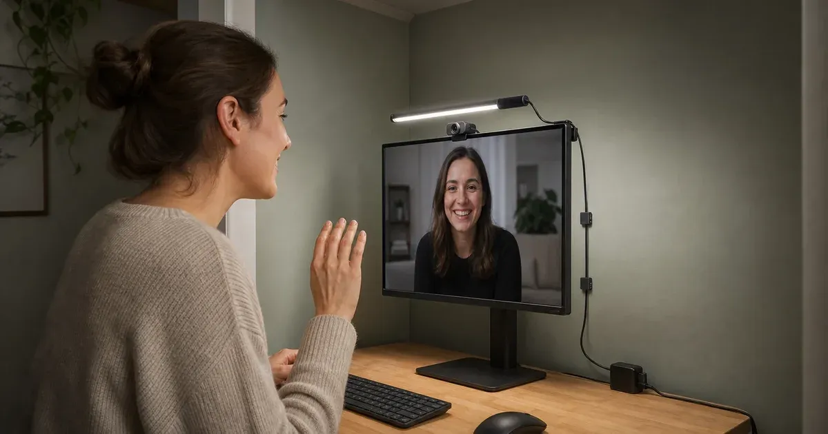 A compact light bar clipped above a monitor and webcam on a small desk with its cable routed through removable clips