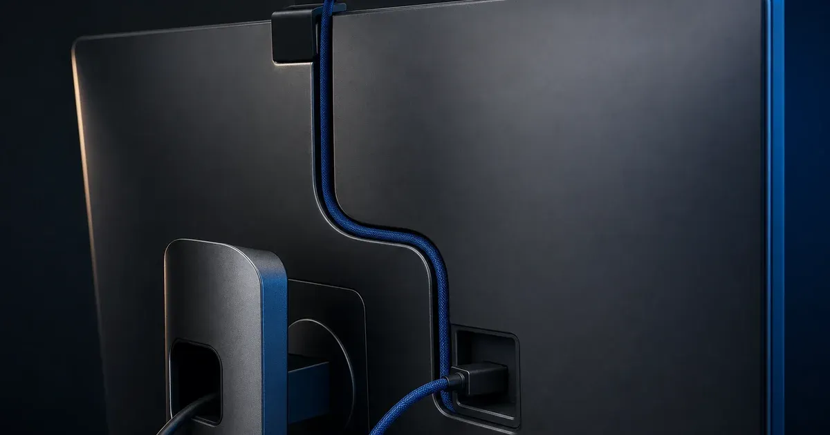 Rear view of a monitor with a blue webcam cable routed into a recessed USB hub on the display