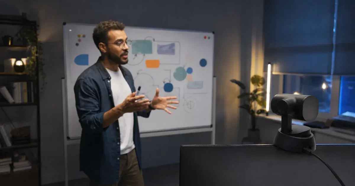 An online educator gesturing beside a whiteboard while a motorized webcam on a monitor turns toward them