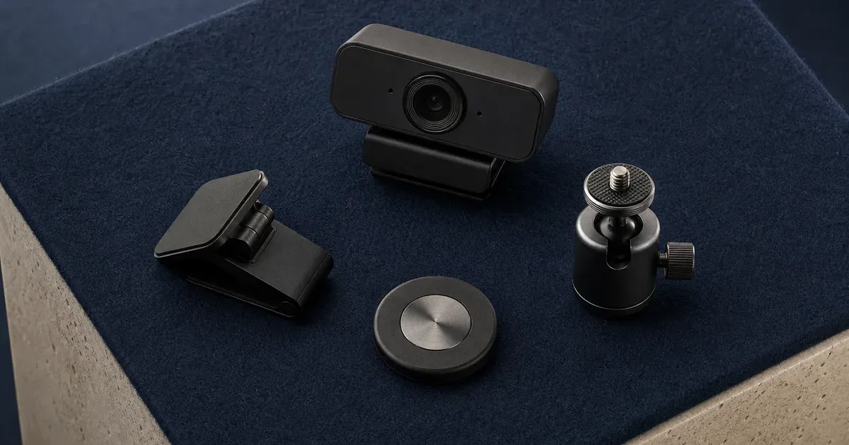An unbranded webcam arranged with a folding monitor clip, circular magnetic pad, and threaded tripod head