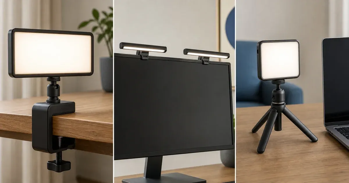 A video light on a desk-edge clamp, two slim lights mounted above a monitor, and a portable panel on a mini tripod beside a laptop