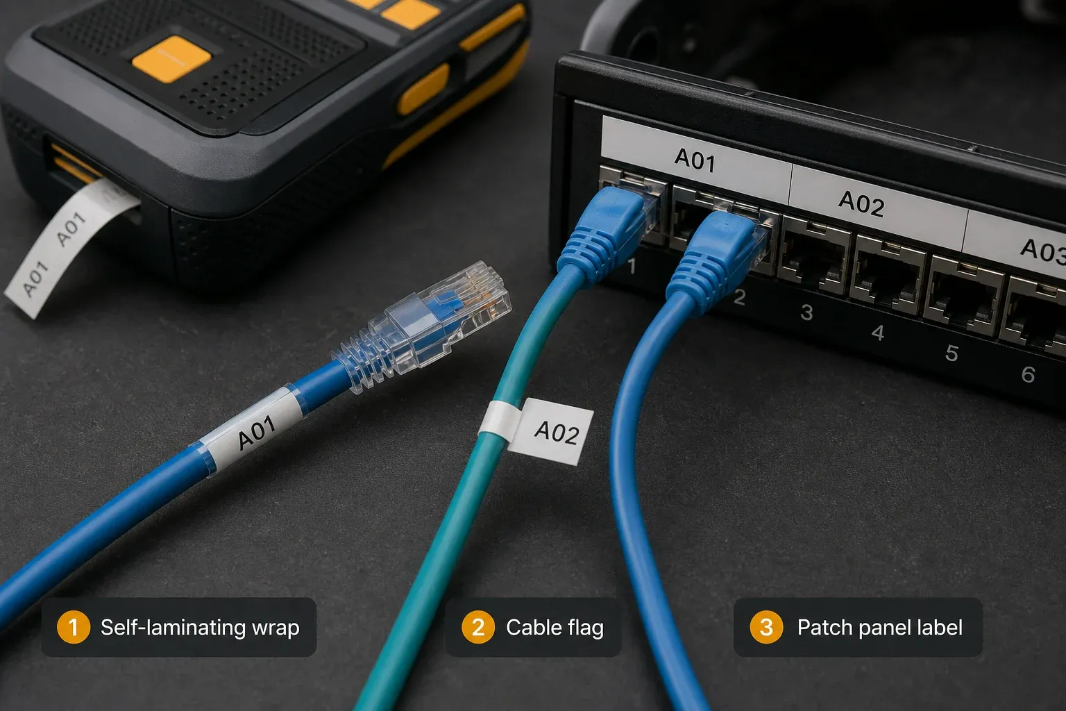 A self-laminating cable wrap, cable flag, and aligned patch-panel label shown on network hardware