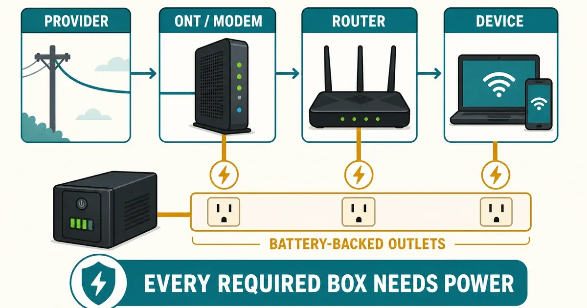 Provider, ONT or modem, router, and device shown as a chain with required equipment connected to battery-backed outlets