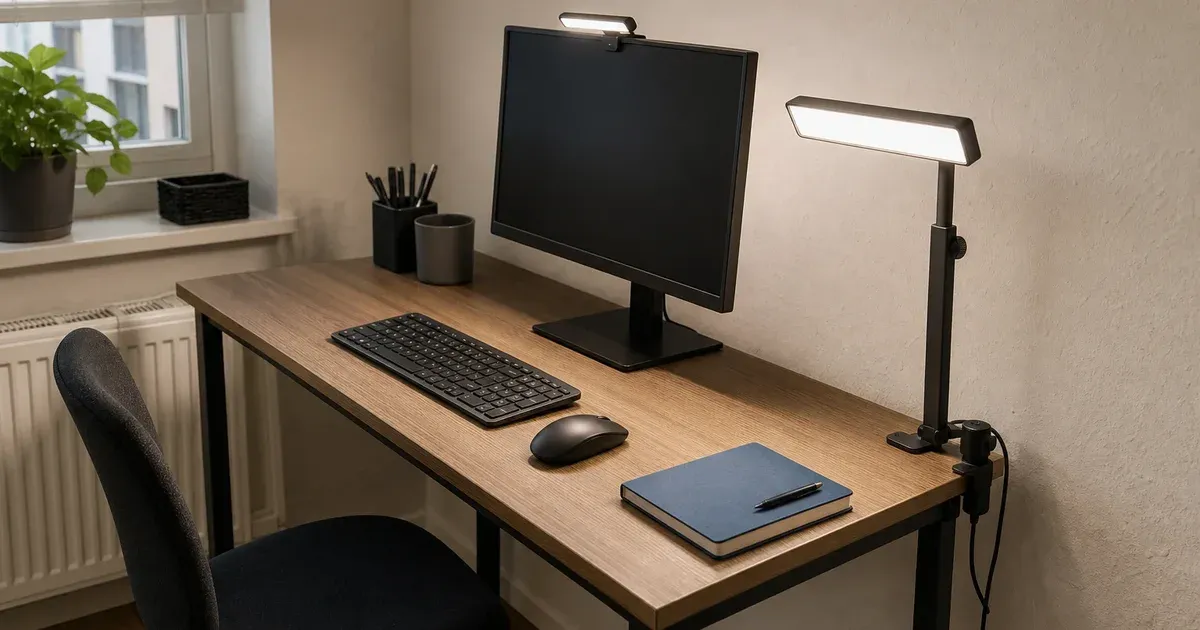 A narrow home-office desk with a panel light clamped to the desk edge and a compact light clipped to the monitor