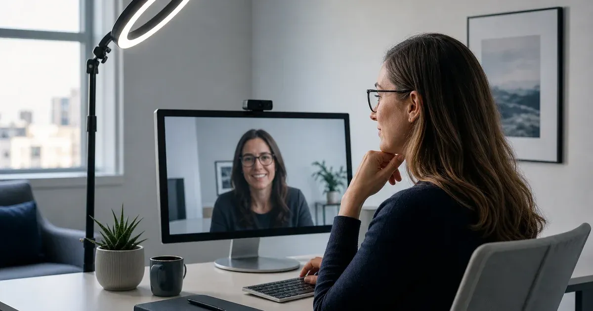 A glasses wearer on a video call with a ring light raised and moved to the side of the webcam