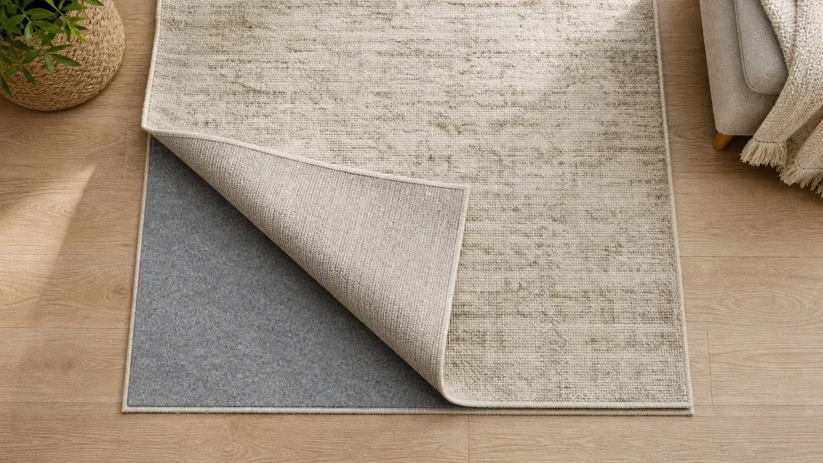 A folded-back area rug revealing a smaller felt pad inset evenly from the rug edges