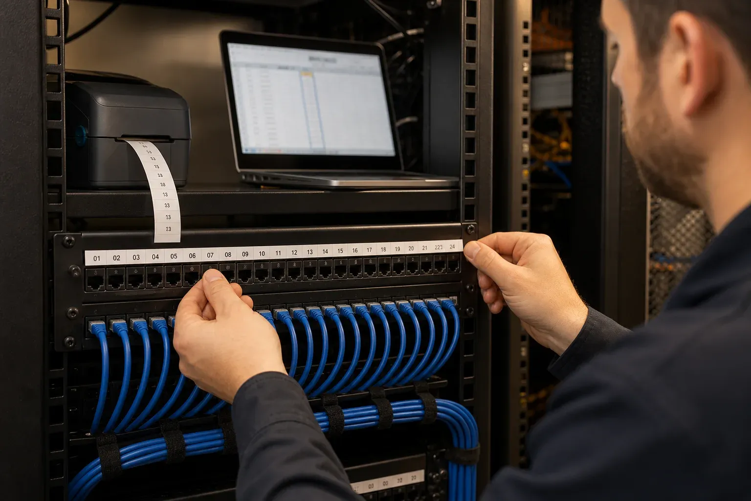 A network technician aligning a sequential label strip above patch-panel ports beside a printer and laptop