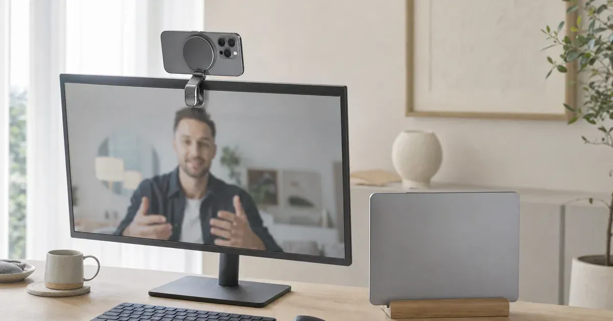 A smartphone mounted horizontally above an external monitor while a closed laptop sits in a vertical stand beside it