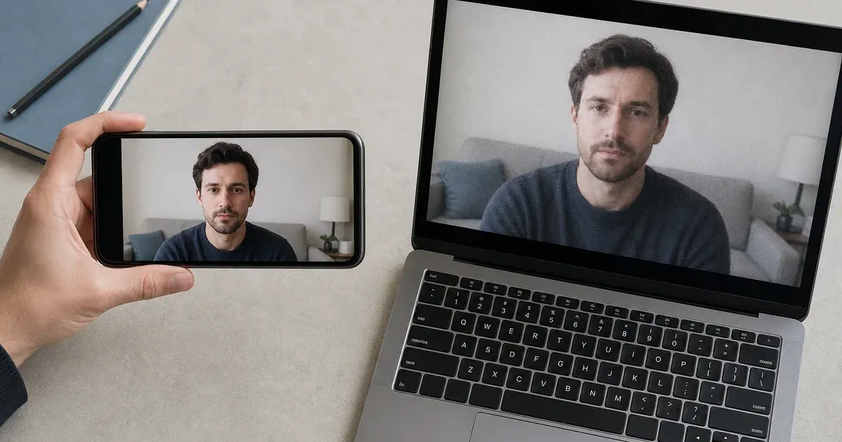 The same person shown clearly on a phone and with softer grainier quality on a laptop webcam