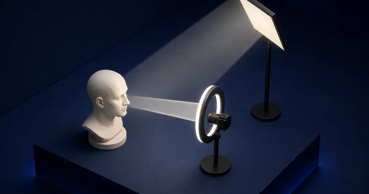 A sculptural head facing an on-axis camera and ring light while a rectangular key light shines from one side