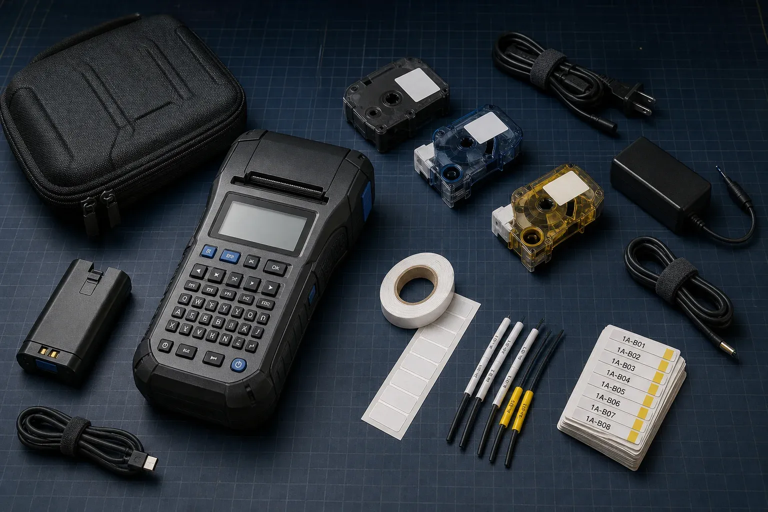 An unbranded professional label printer arranged with tape cartridges, heat-shrink supplies, battery, adapter, case, and finished labels