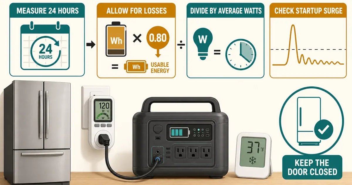 Four-step refrigerator runtime method using 24-hour measurement, usable battery energy, average watts, and startup surge