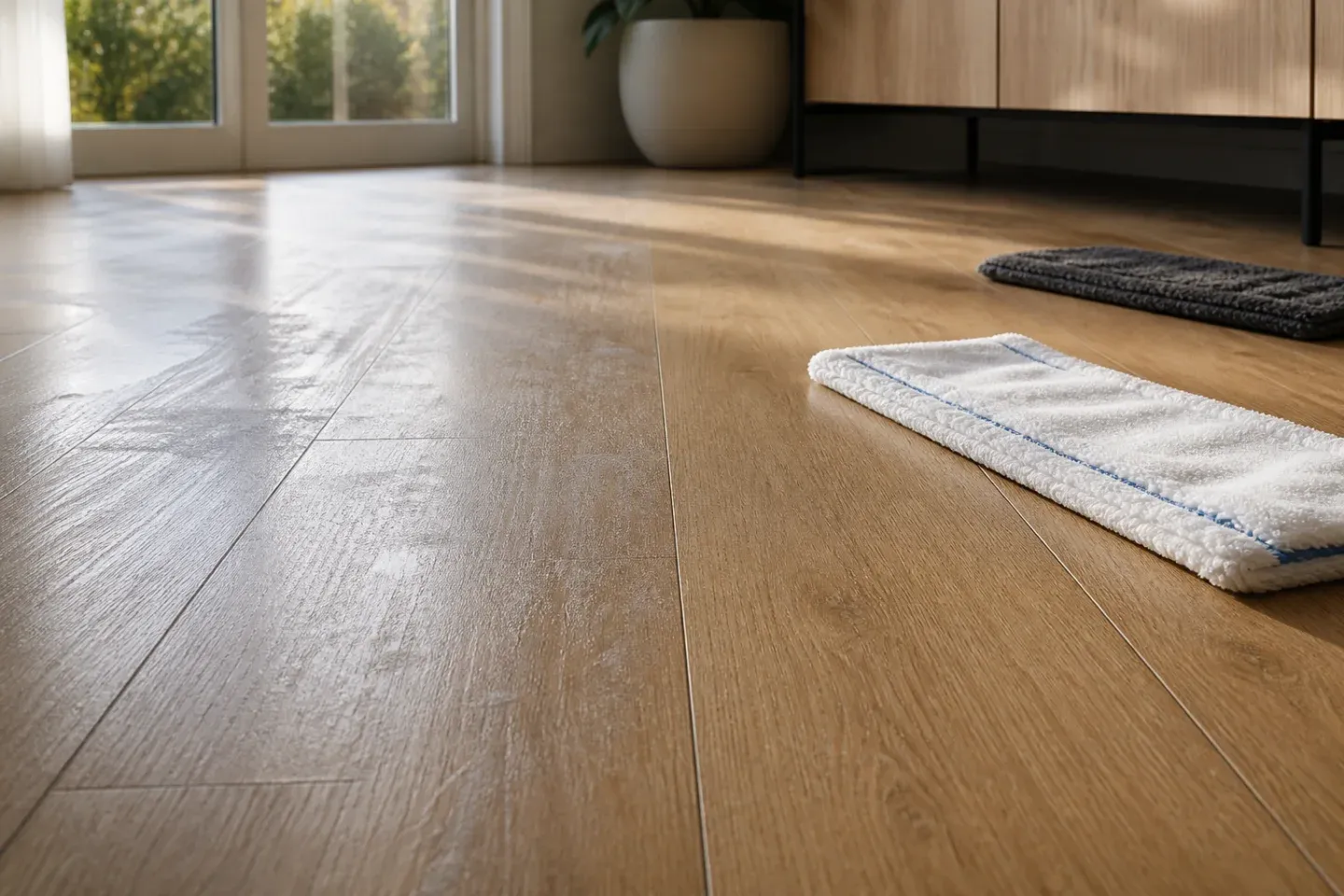 Low-angle light revealing cloudy mop streaks beside a clean matte section of luxury vinyl plank flooring