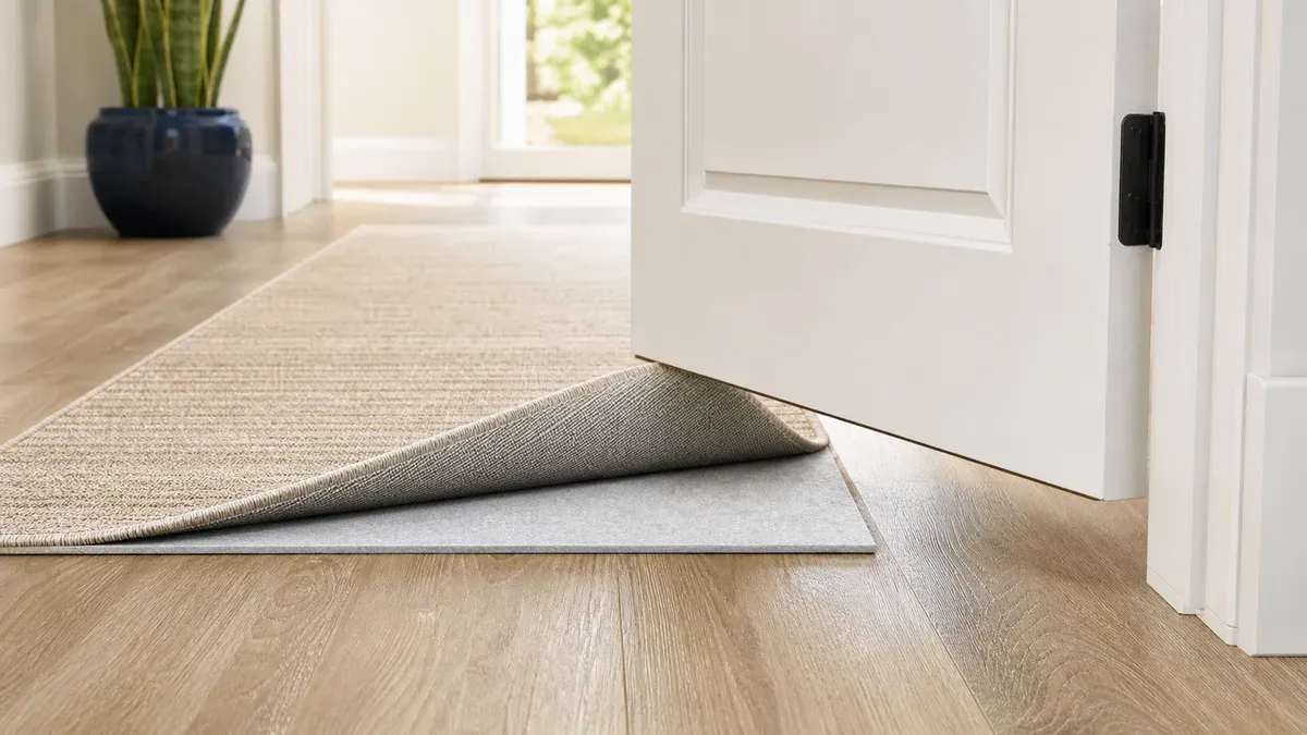 A hallway runner and rug pad catching beneath the edge of an opening door