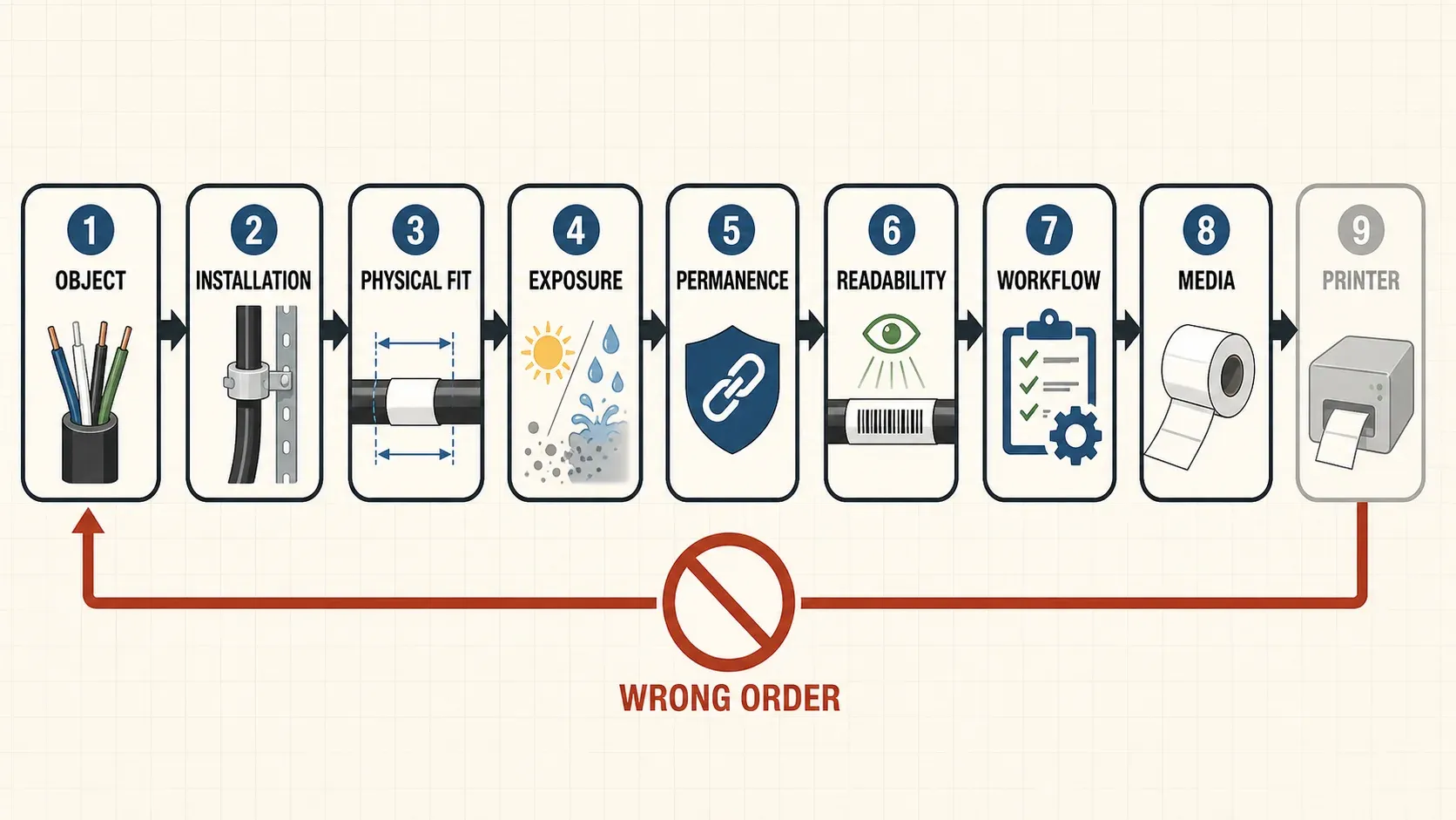 Nine-step cable-label selection order from the object and installation stage through media and printer requirements