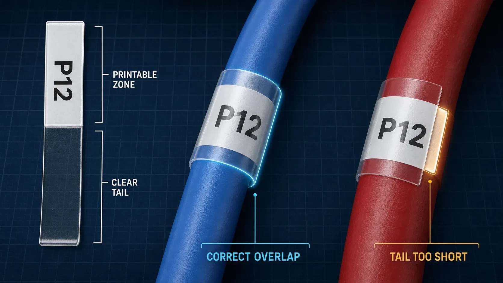 Self-laminating label anatomy showing its printable zone, clear tail, correct overlap, and a tail that is too short