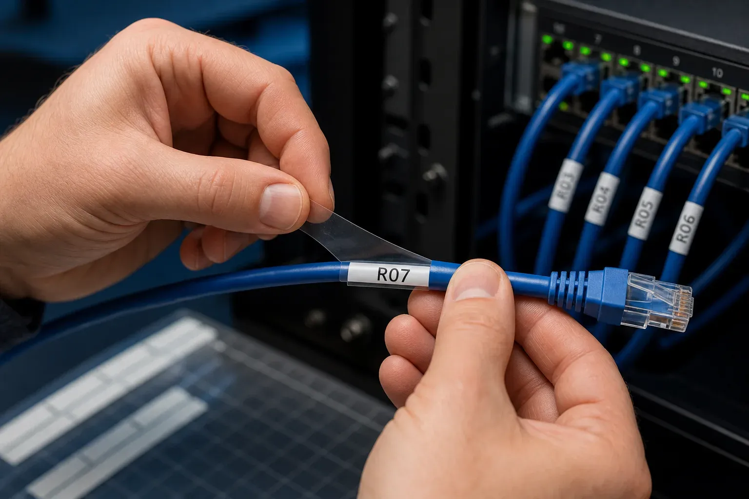 A technician wrapping a clear self-laminating label over the printed identifier on a terminated Ethernet cable
