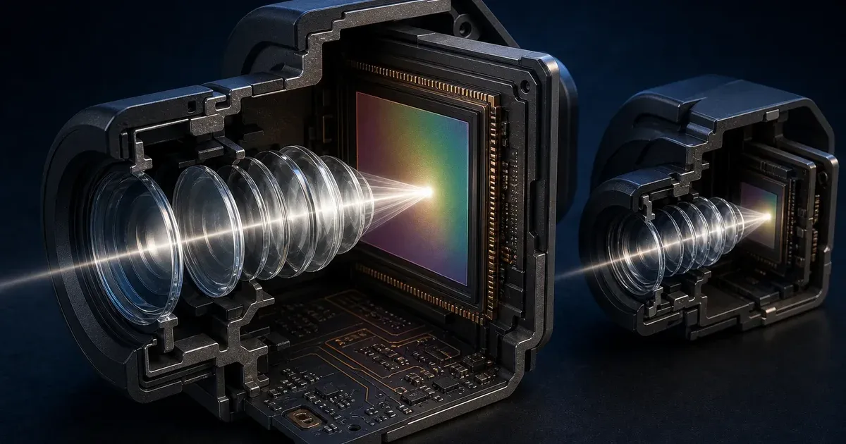Cutaway visualization of two webcam lens assemblies with a larger image sensor beside a smaller one